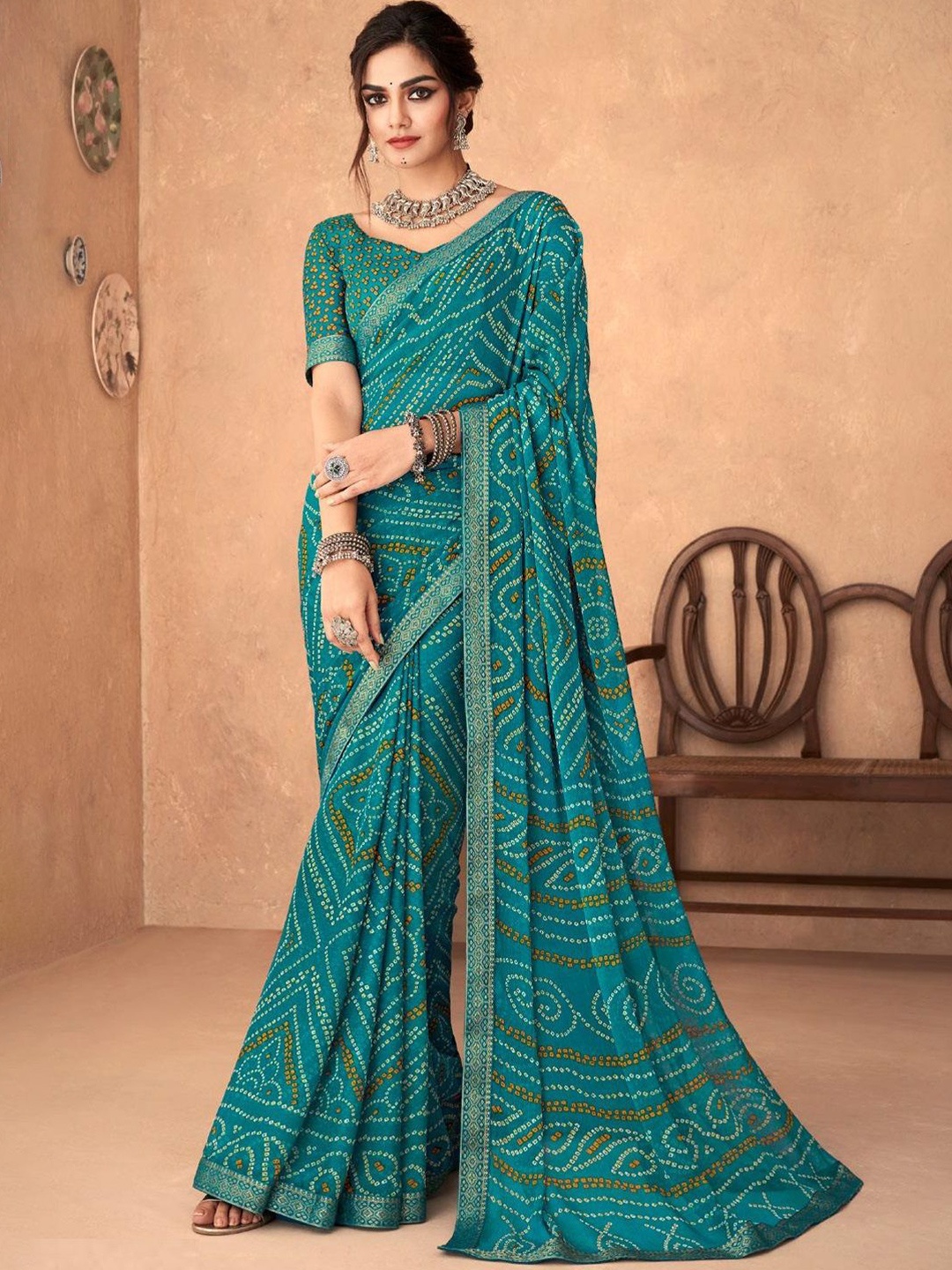 

DURGA EMPORIO Pure Chiffon Bandhani Saree, Teal