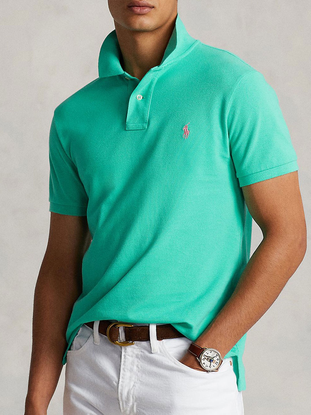 

Polo Ralph Lauren Men Solid Polo Collar Cotton Slim Fit T-shirt, Sea green