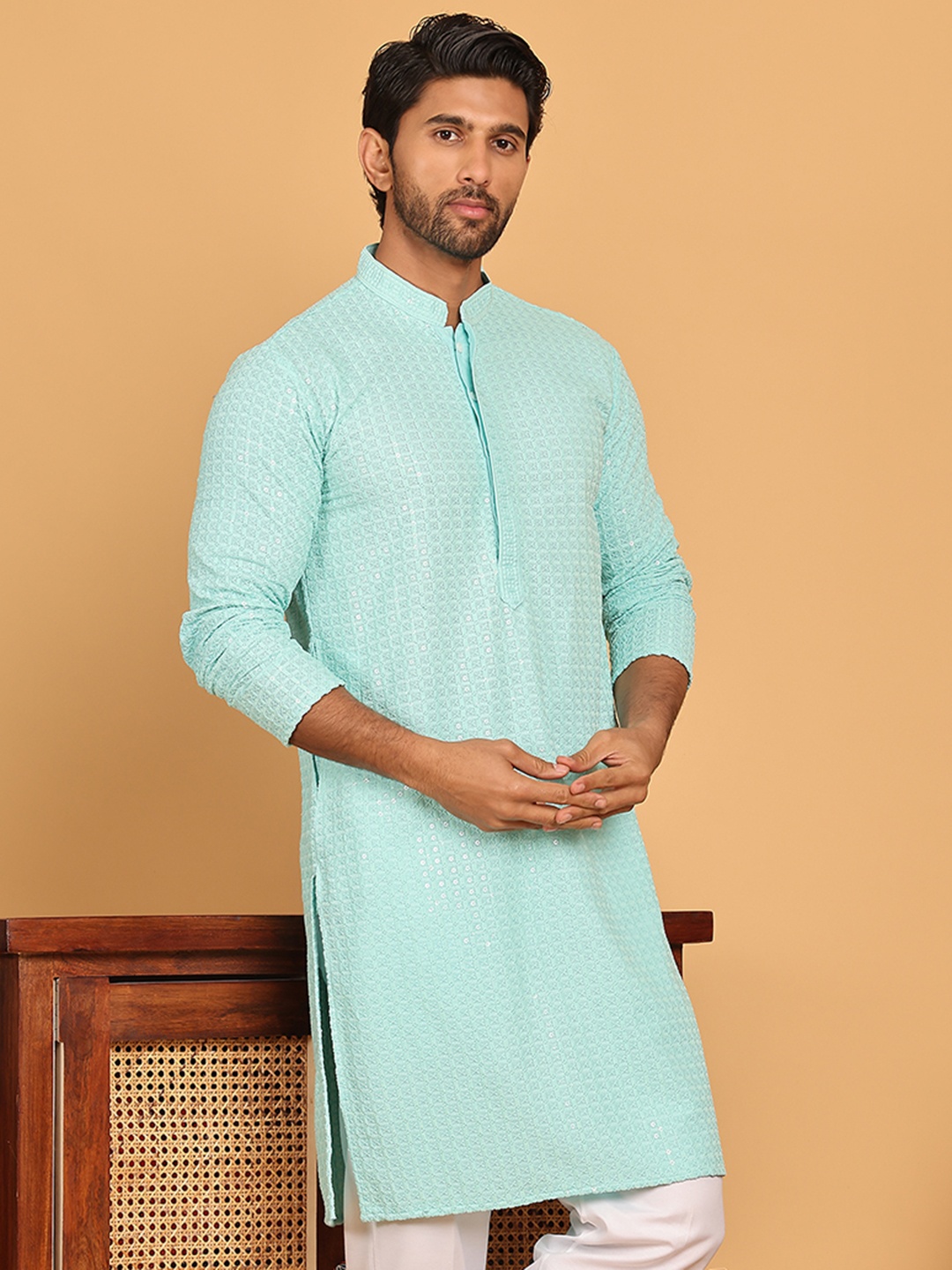 

Jompers Geometric Embroidered Mandarin Collar Thread Work Straight Kurtas, Turquoise blue