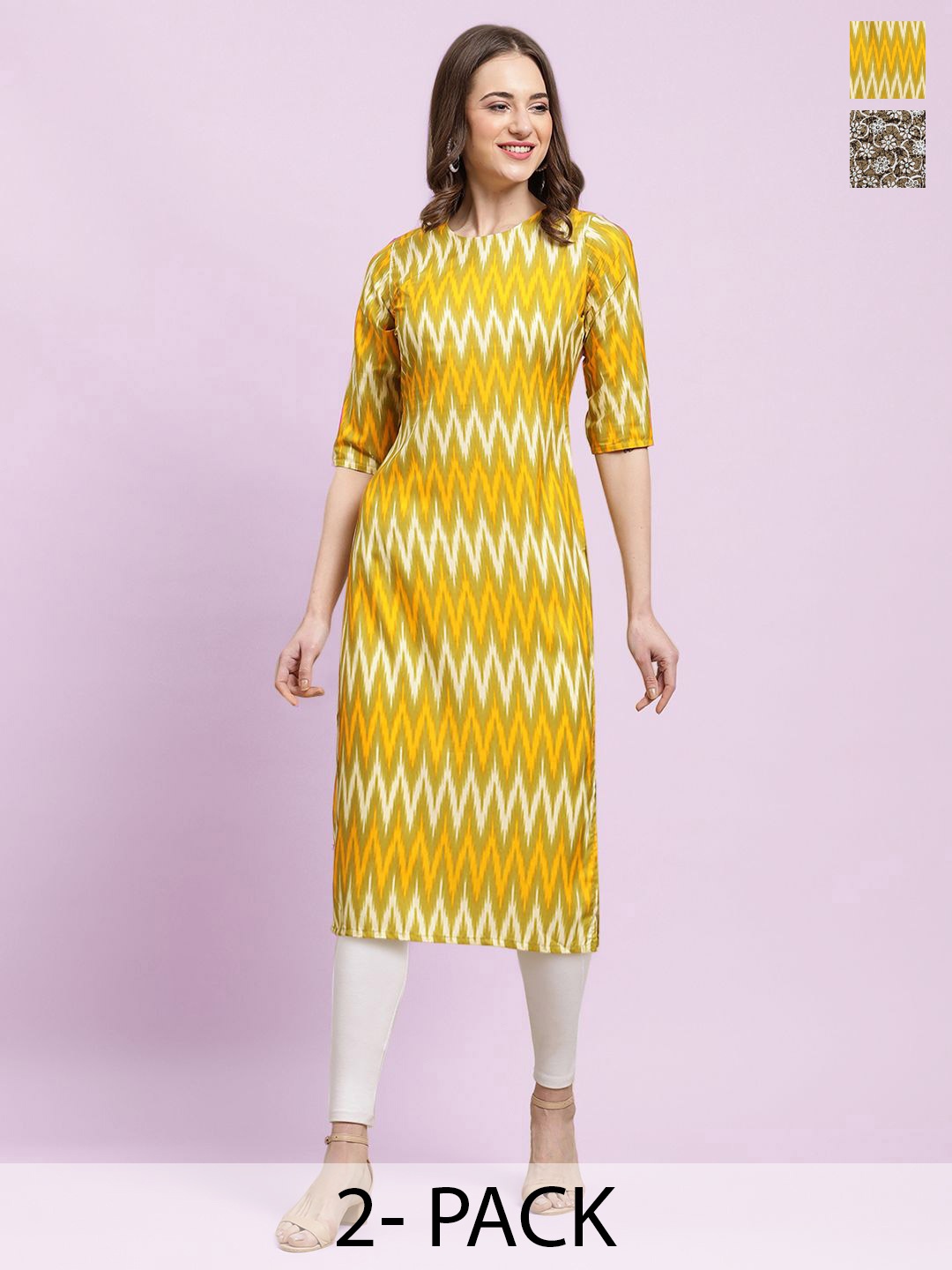 

Moda Rapido Set of 2 Printed Round Neck Straight Kurtas, Yellow