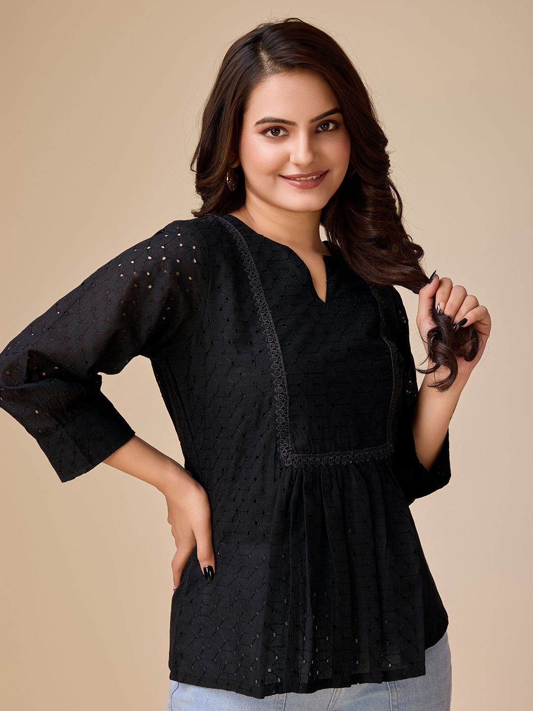 

HOUSE OF MIRA Cotton Self Design Semi Sheer Regular Top, Black