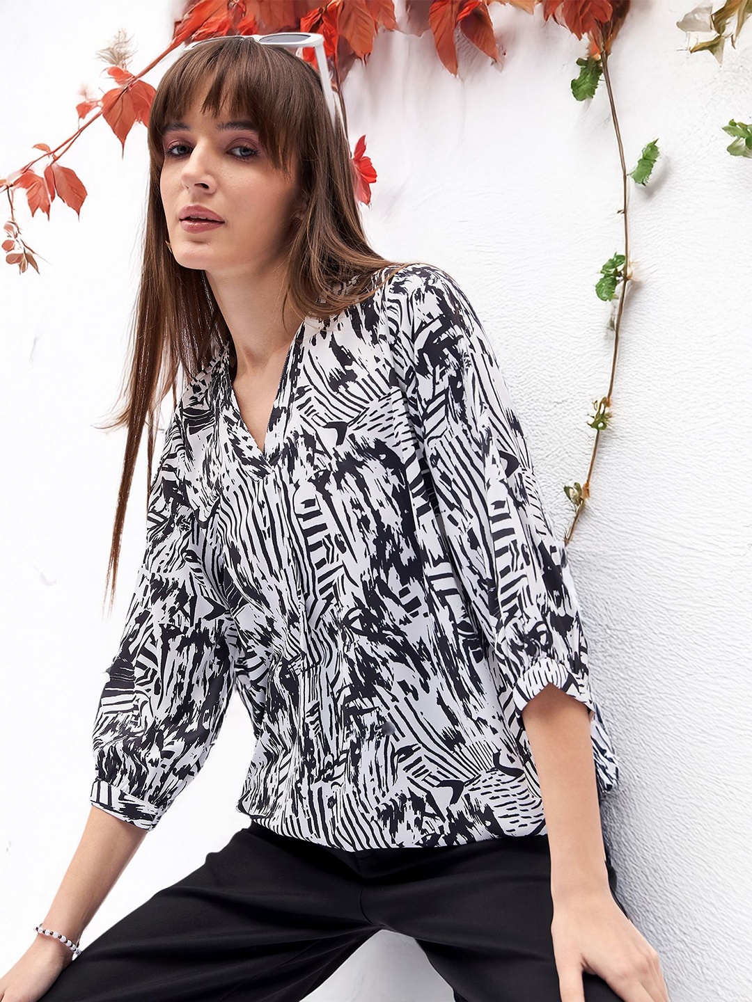 

DressBerry Women Abstract Printed V-Neck Satin Top, White