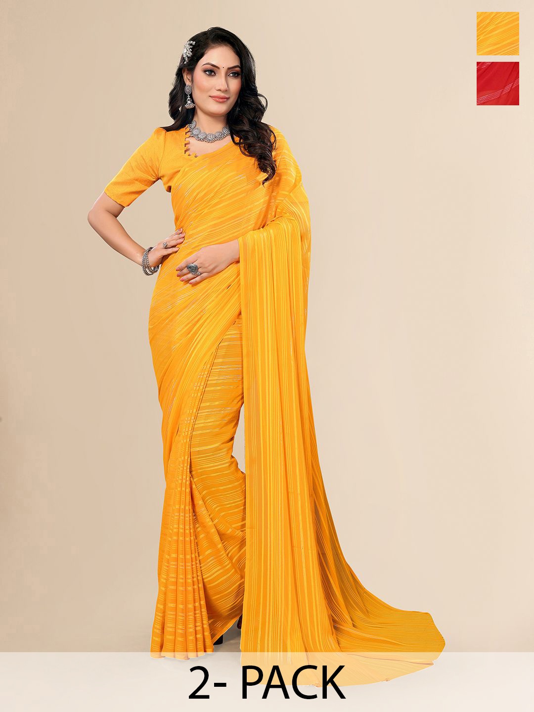 

Moda Rapido Set of 2 Striped Satin Sarees, Yellow