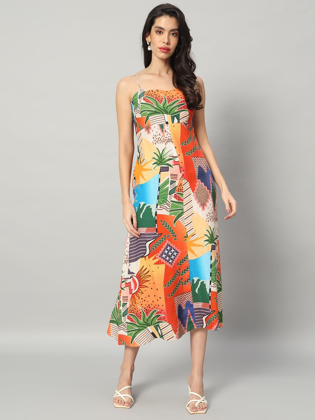 

BRIJAL LAD Women Tropical Printed A-Line Midi Dress, Orange