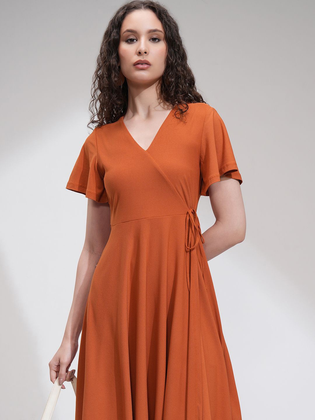 

Basics By Tokyo Talkies Women Solid Fit Flare Wrap Dress, Rust