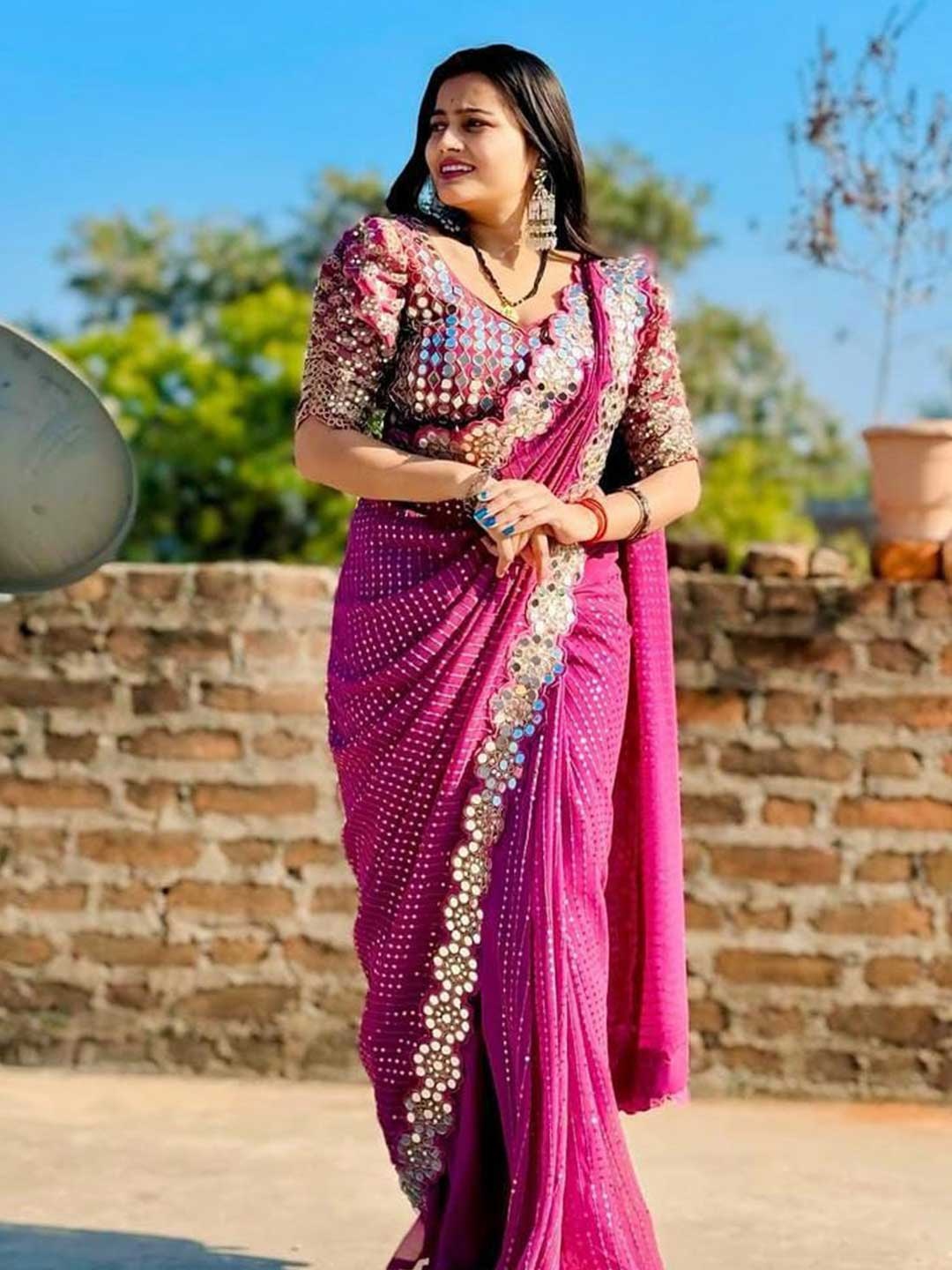 

MANSUBHA Embellished Sequinned Pure Georgette Saree, Pink