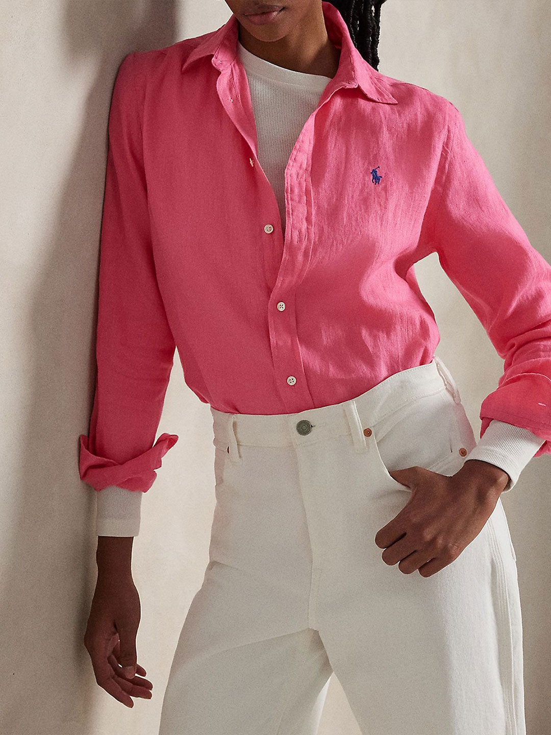 

Polo Ralph Lauren Women Spread Collar Solid Linen Casual Shirt, Pink