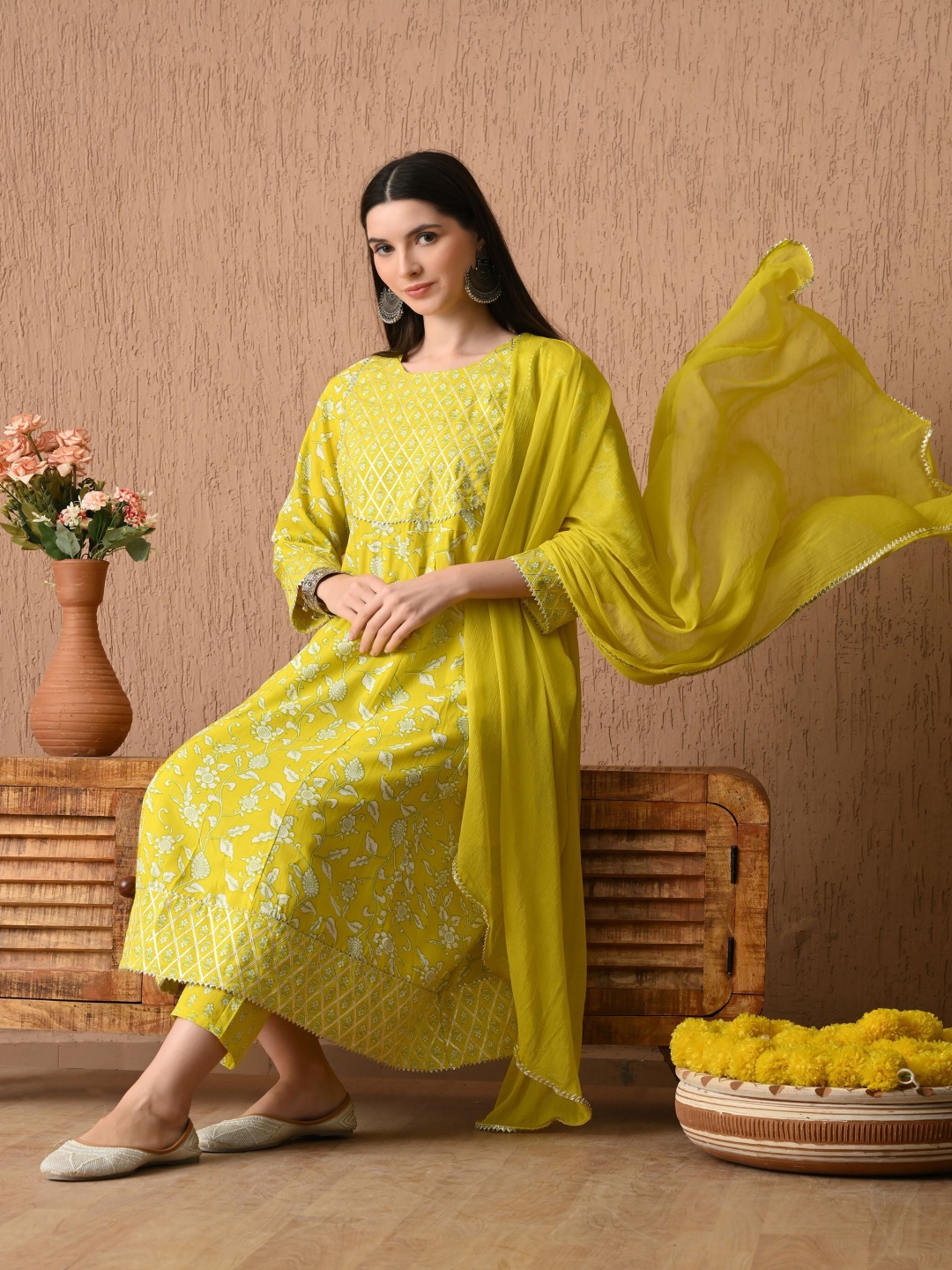 

Bhoolft Floral Printed Round Neck Panelled Anarkali Kurta With Trousers & Dupatta, Yellow