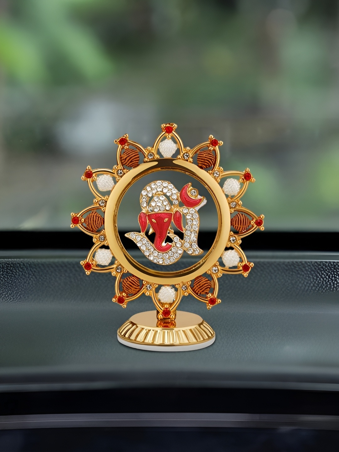 

INTERNATIONAL GIFT Om Ganesha Idol in Round Shape for Car Dashboard, Gold