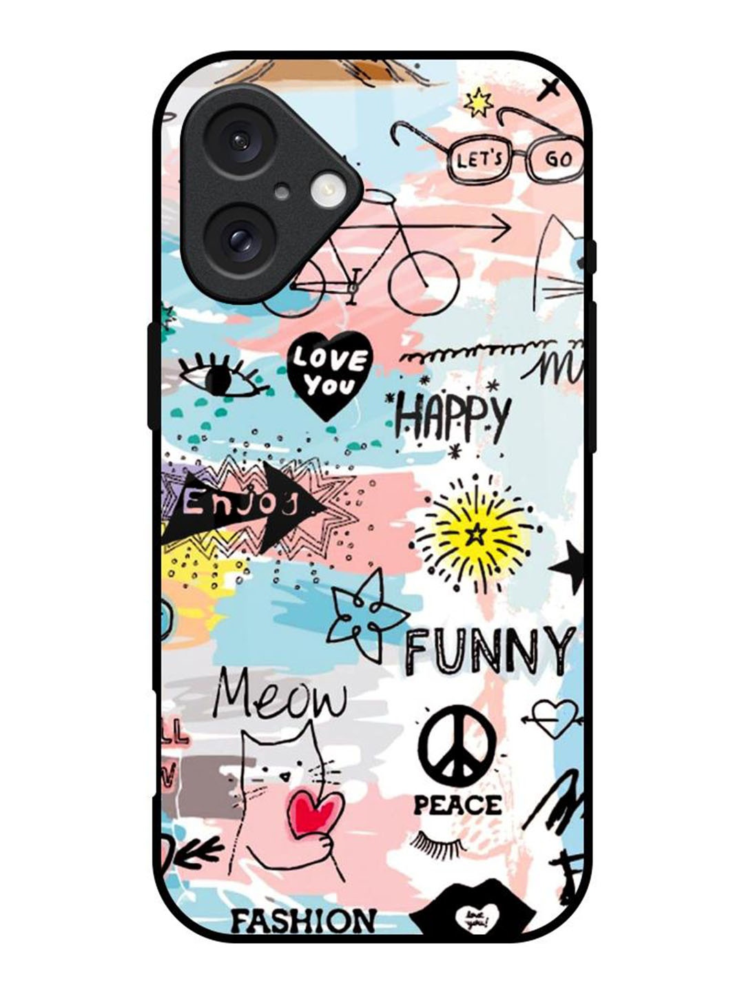 

QRIOH Quirky Printed iPhone 16 Glass Back Case, Blue