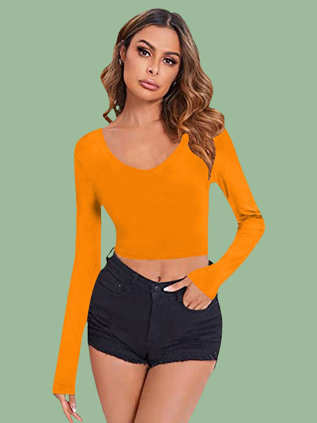 

Dream Beauty Fashion Women Scoop Neck Long Sleeves Crop Top, Yellow
