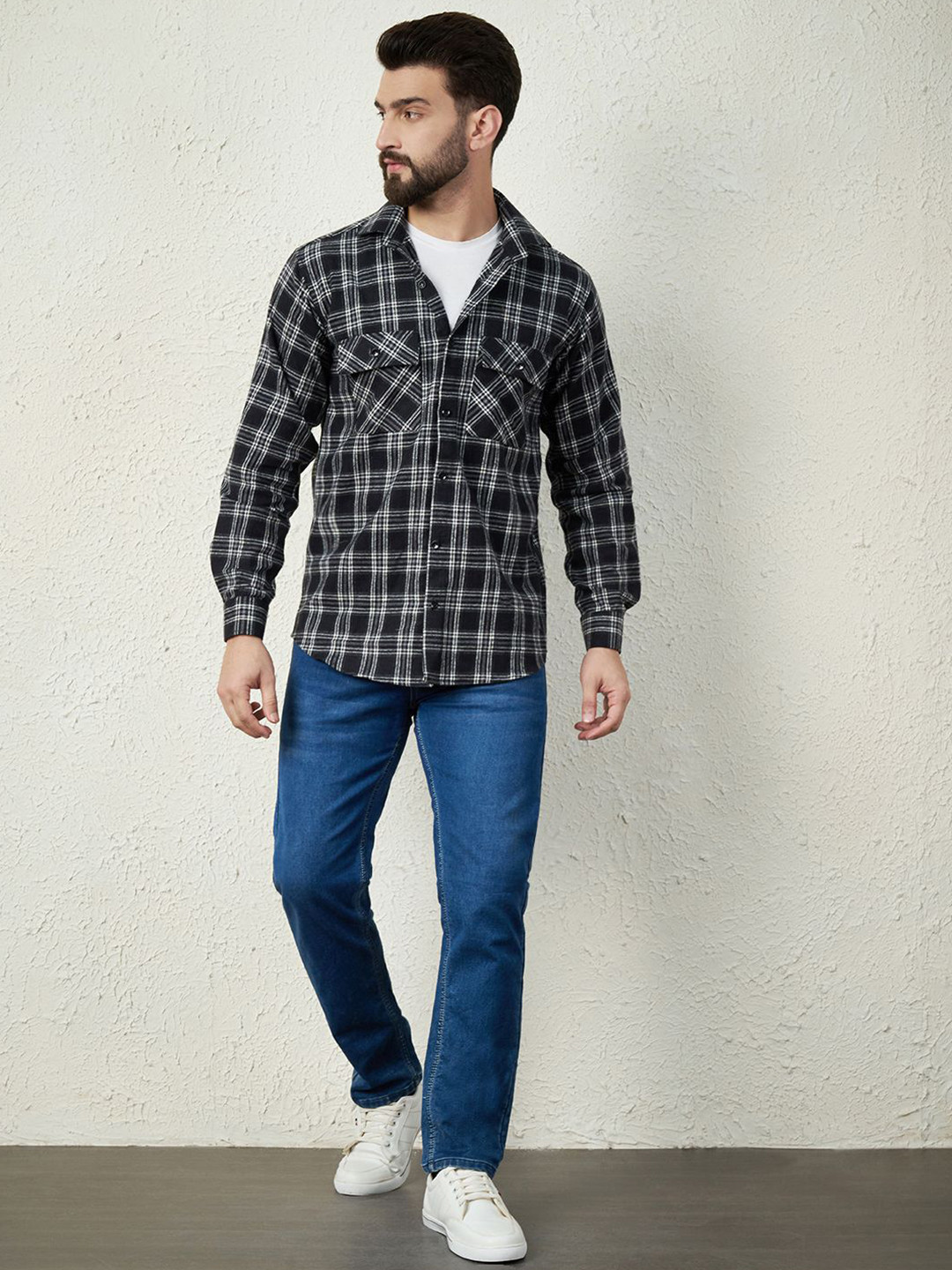 

Bigreams Men Comfort Fit Spread Collar Checked Cotton Casual Shirt, Black