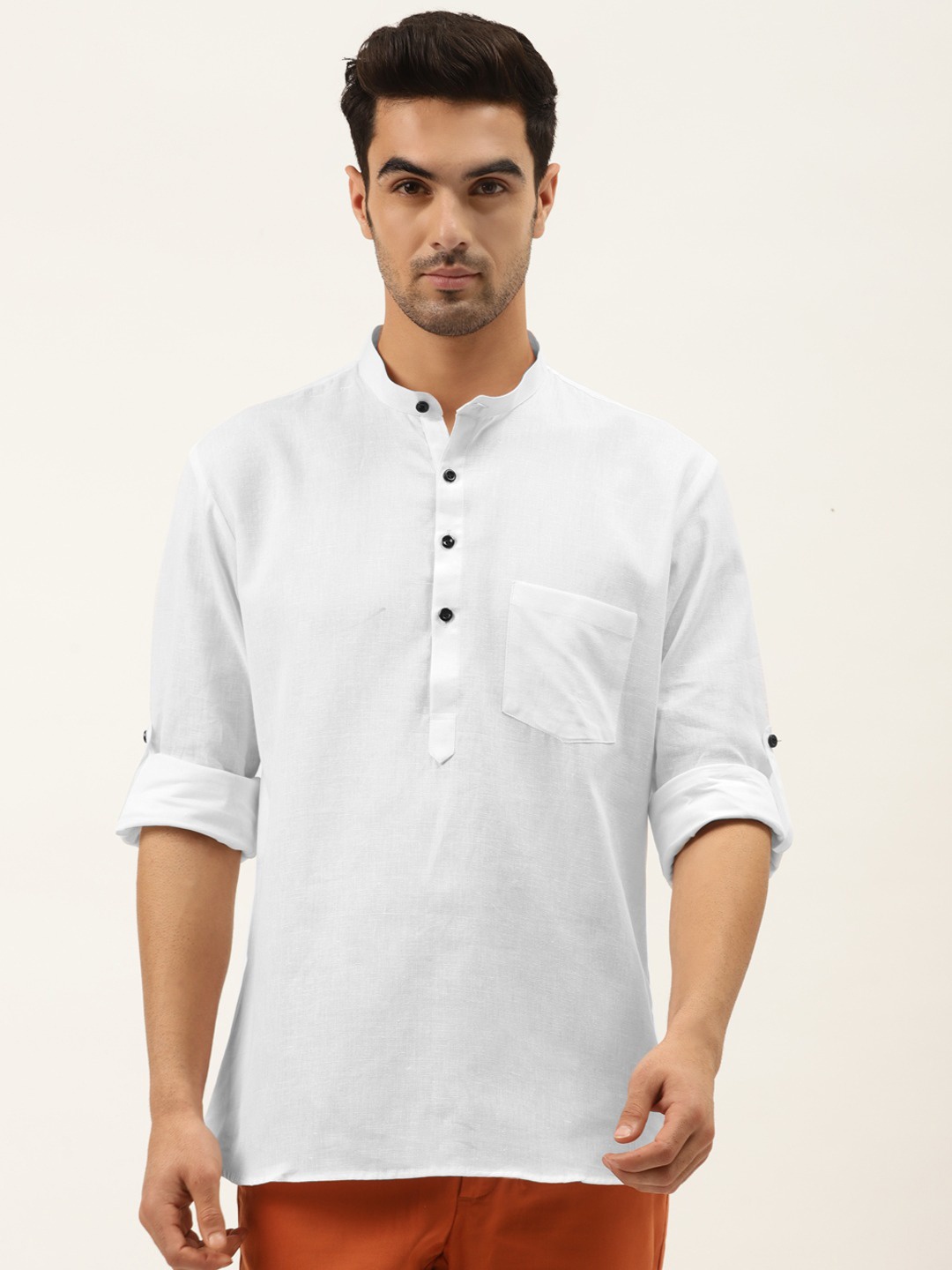 

RAJUBHAI HARGOVINDAS Band Collar Roll-Up Sleeves Short Kurta, White