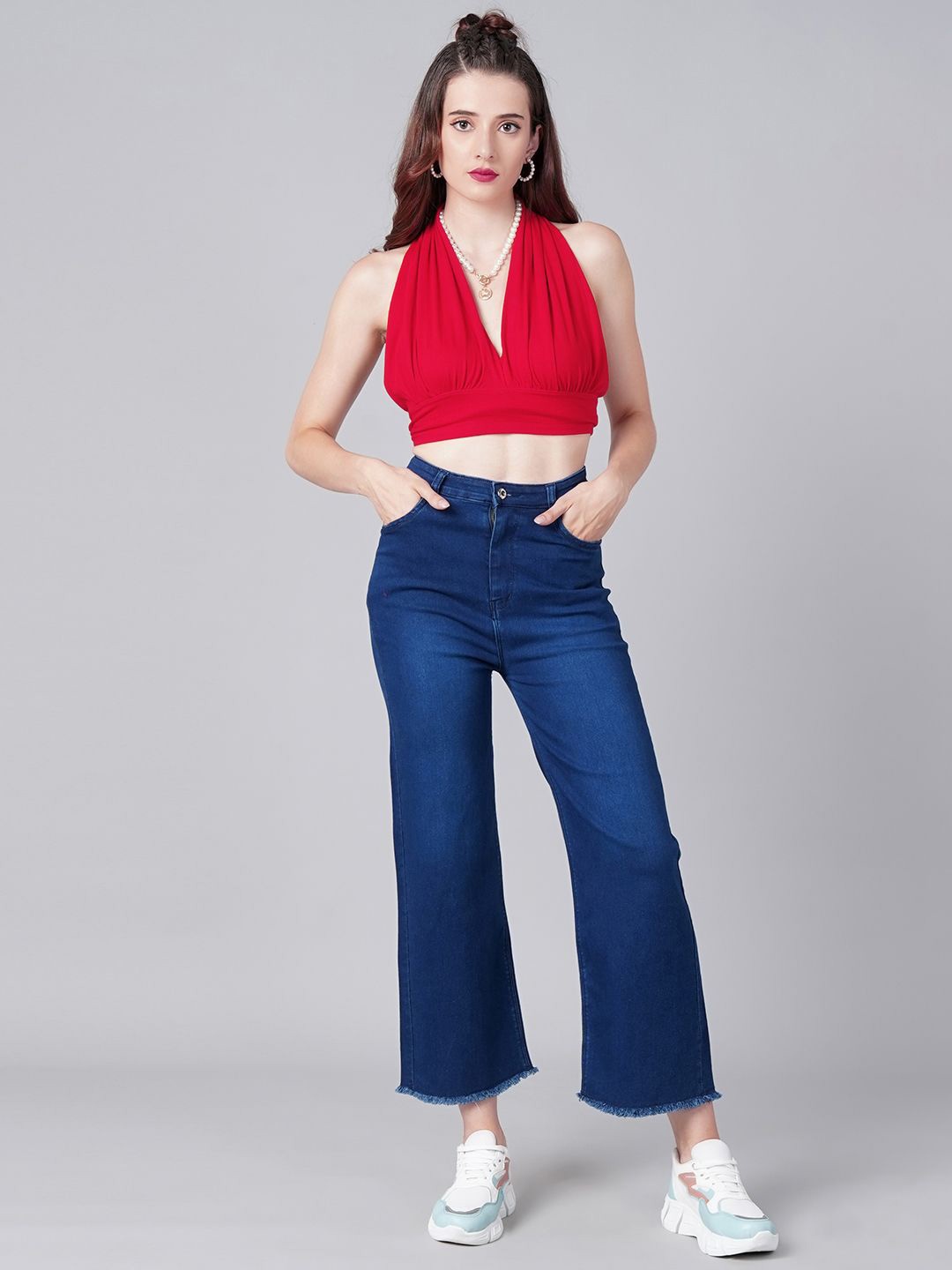 

Moda Rapido Halter Neck Cotton Wrap Crop Top, Red