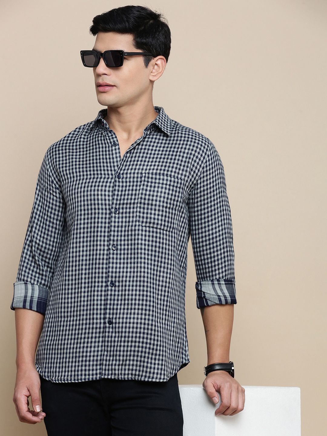 

INVICTUS Men Sport Fit Spread Collar Gingham Checked Cotton Casual Shirt, Blue