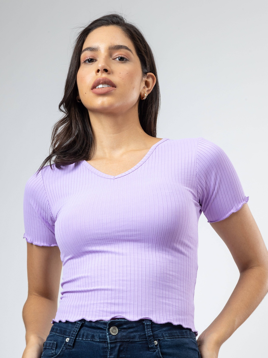 

PYR8 Women Ribbed Ribbed V-Neck Top, Lavender