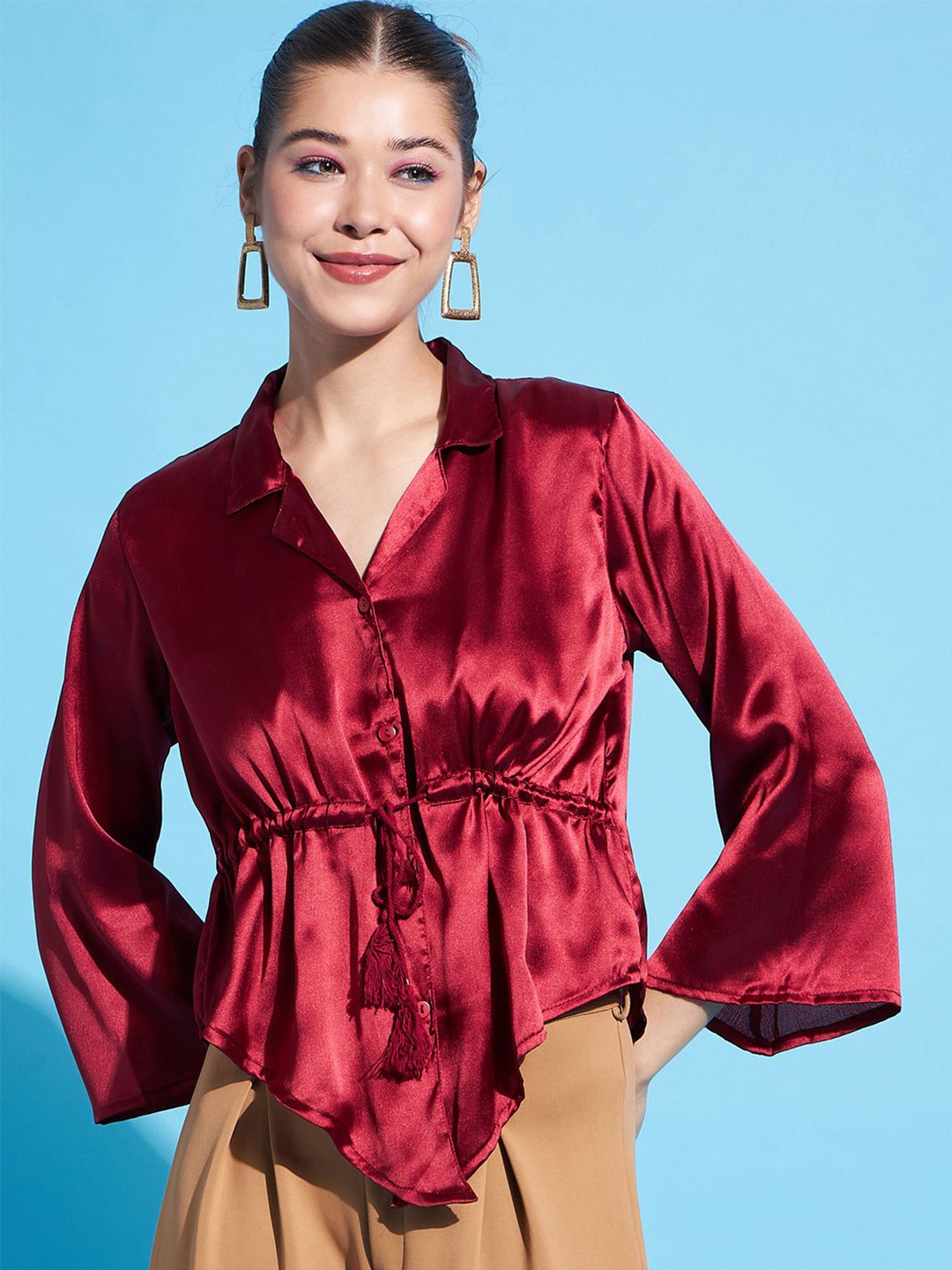 

DressBerry Bell Sleeve Shirt Style Crop Top, Red