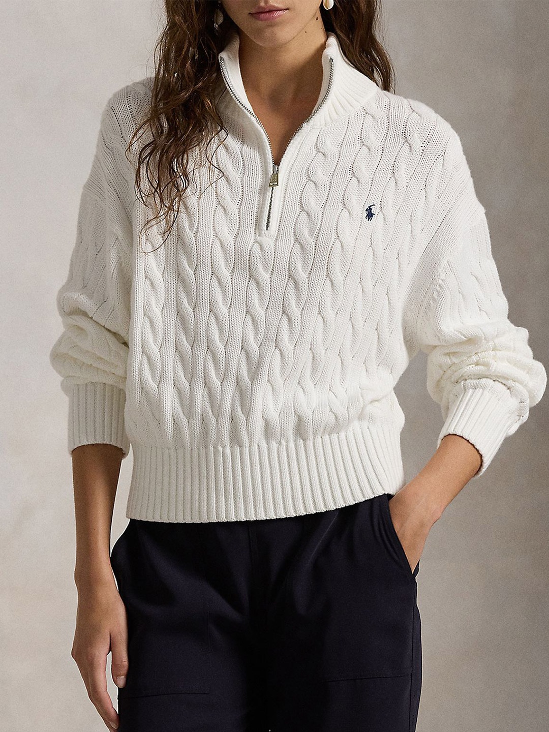 

Polo Ralph Lauren Cable-Knit Cotton Quarter-Zip Sweater, White