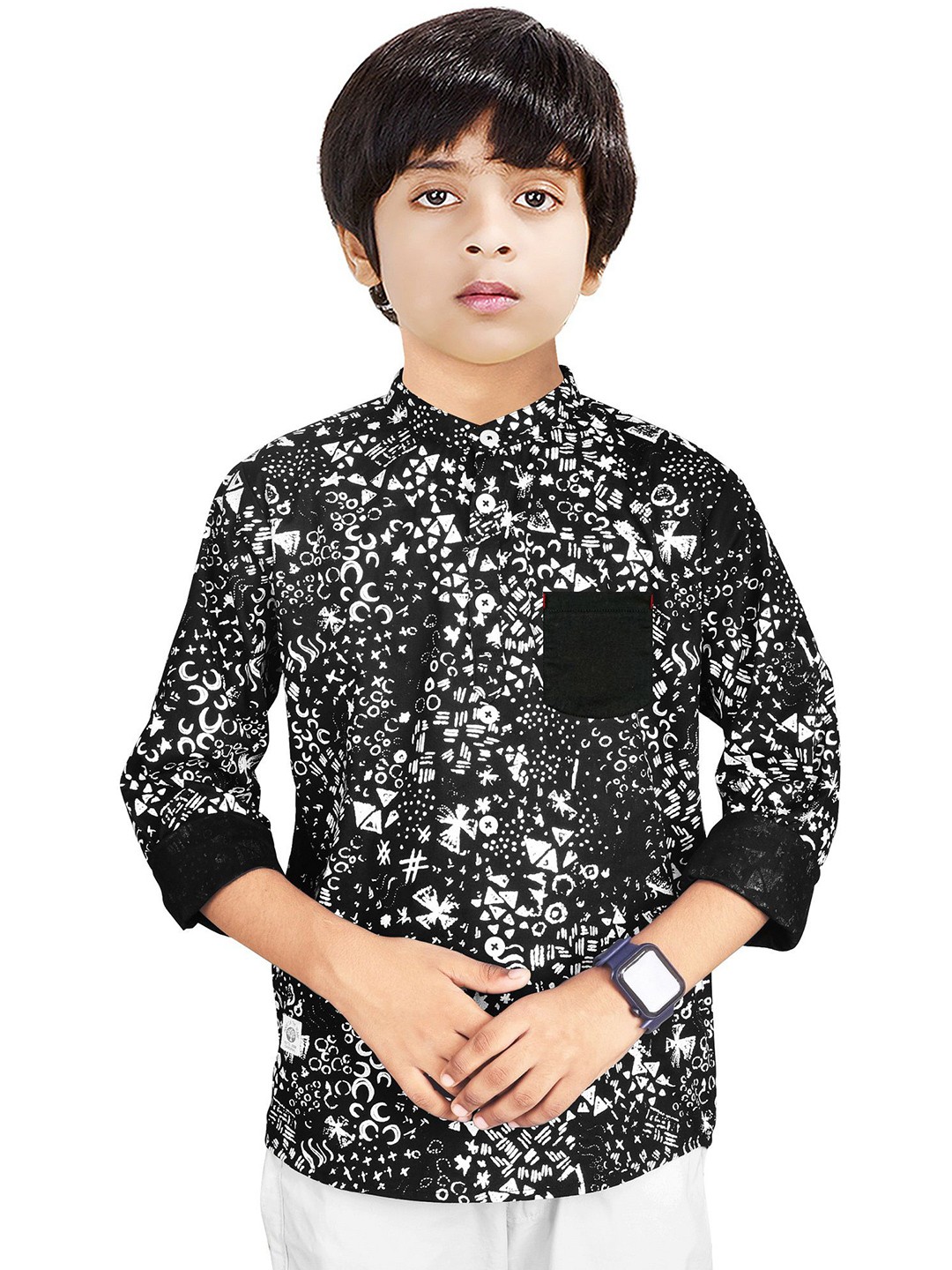 

MADE IN THE SHADE Boys Band Collar Geometric Printed Cotton Casual Shirt, Black