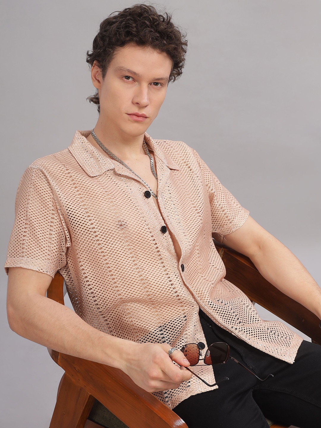

FABRIPPLE Men Modern Relaxed Fit Cuban Collar Textured Casual Shirt, Nude