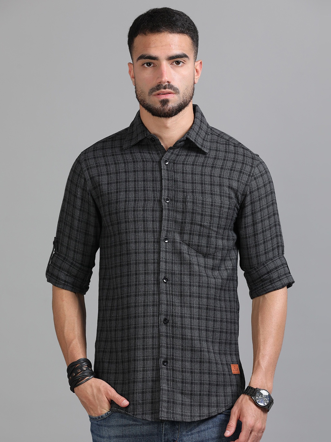 

Tallwalker Men Straight Fit Spread Collar Checked Cotton Casual Shirt, Black