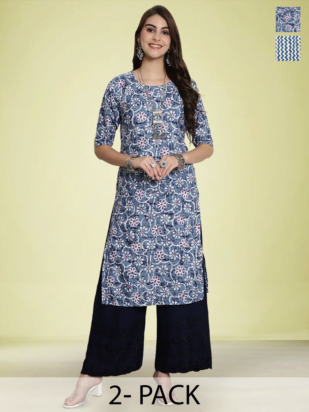

Moda Rapido Set of 2 Printed Round Neck Straight Kurtas, Blue
