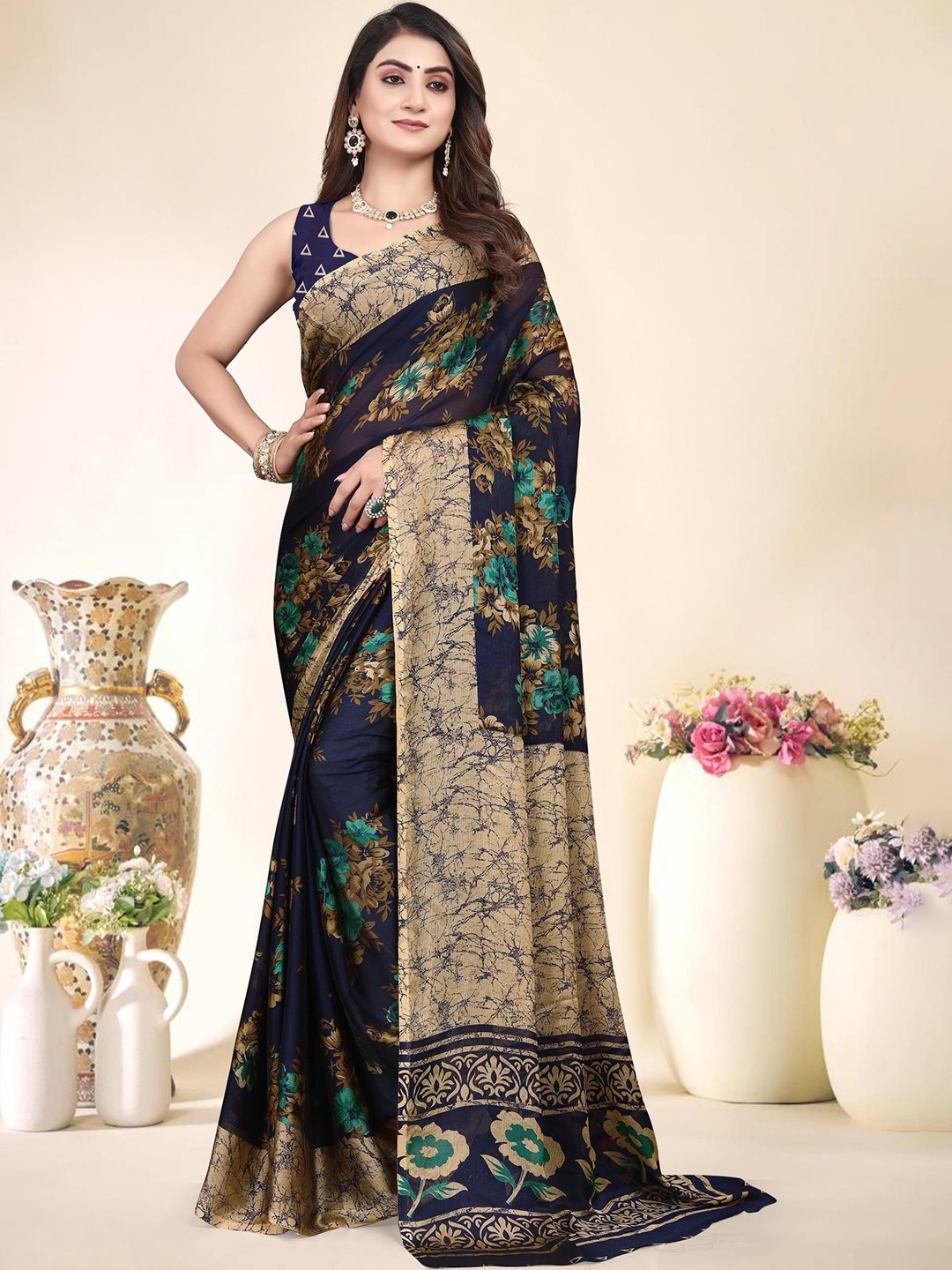 

SUPERLAXMI Women Floral Printed Pure Chiffon Saree, Navy blue