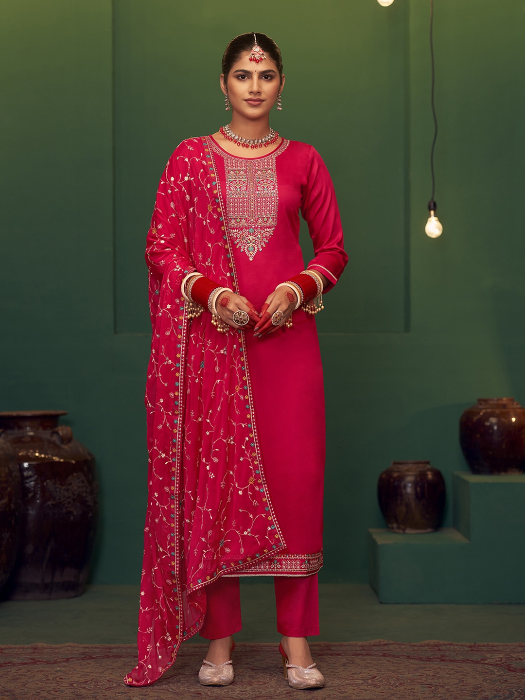

Anouk Pink Zari Ethnic Motifs Embroidered Unstitched Dress Material