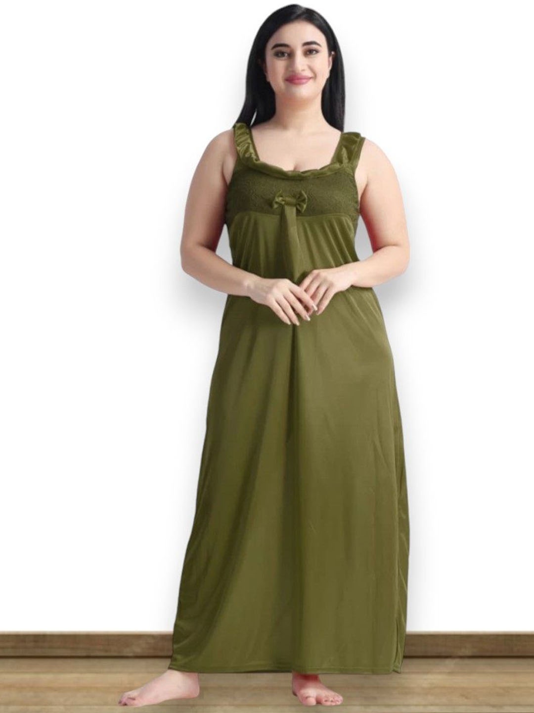 

XPIOX Maxi Satin Nightdress With Robe, Olive