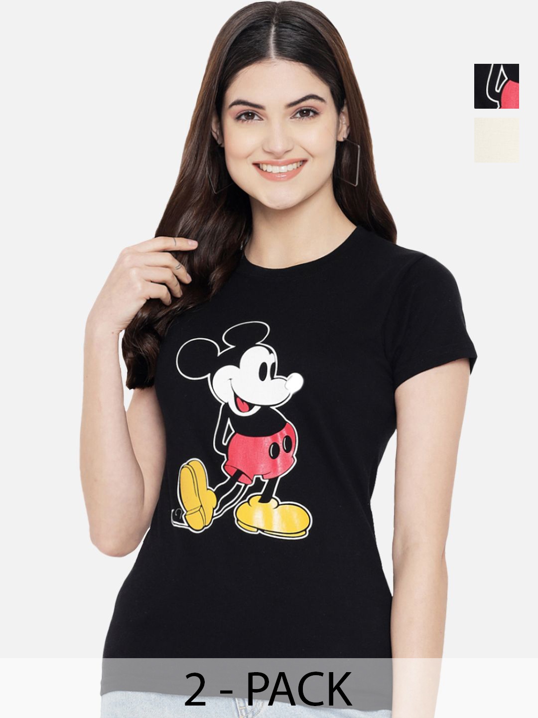 

Dreambe Women Pack Of 2 Mickey Mouse Graphic Printed Round Neck Cotton T-shirts, Black