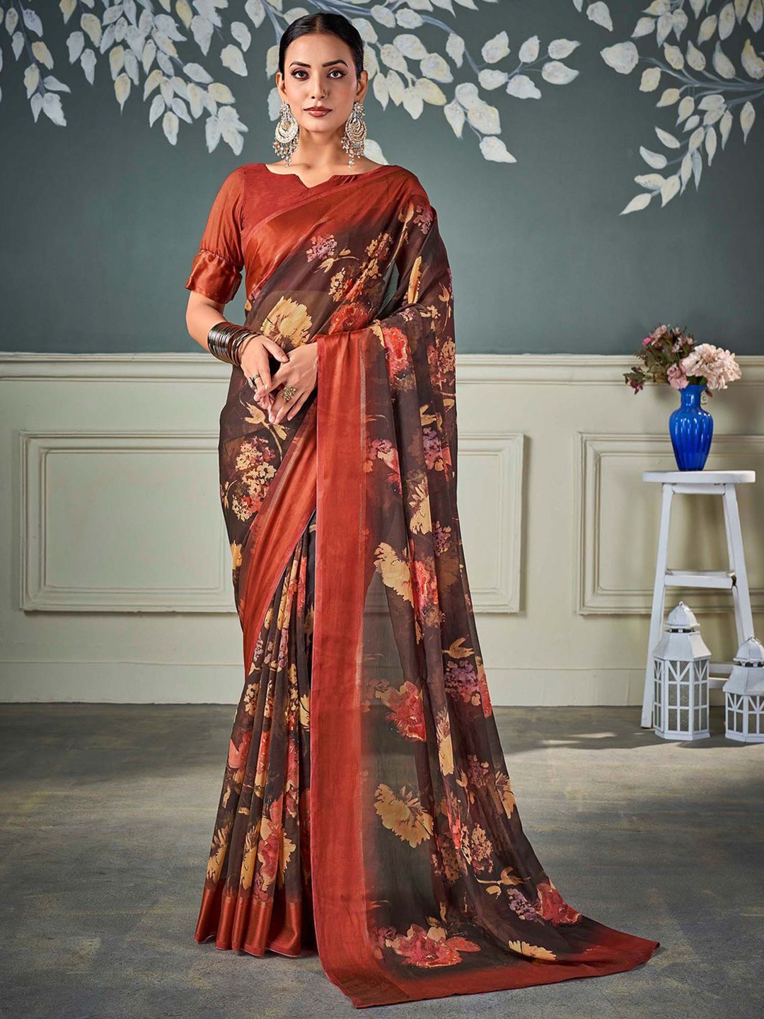 

Mitera Floral Zari Pure Chiffon Muga Saree With Blouse Piece, Brown