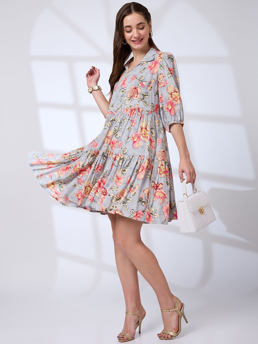 

Globus Shirt Collar Puff Sleeves Floral Print A-Line Mini Fusion Dress, Blue
