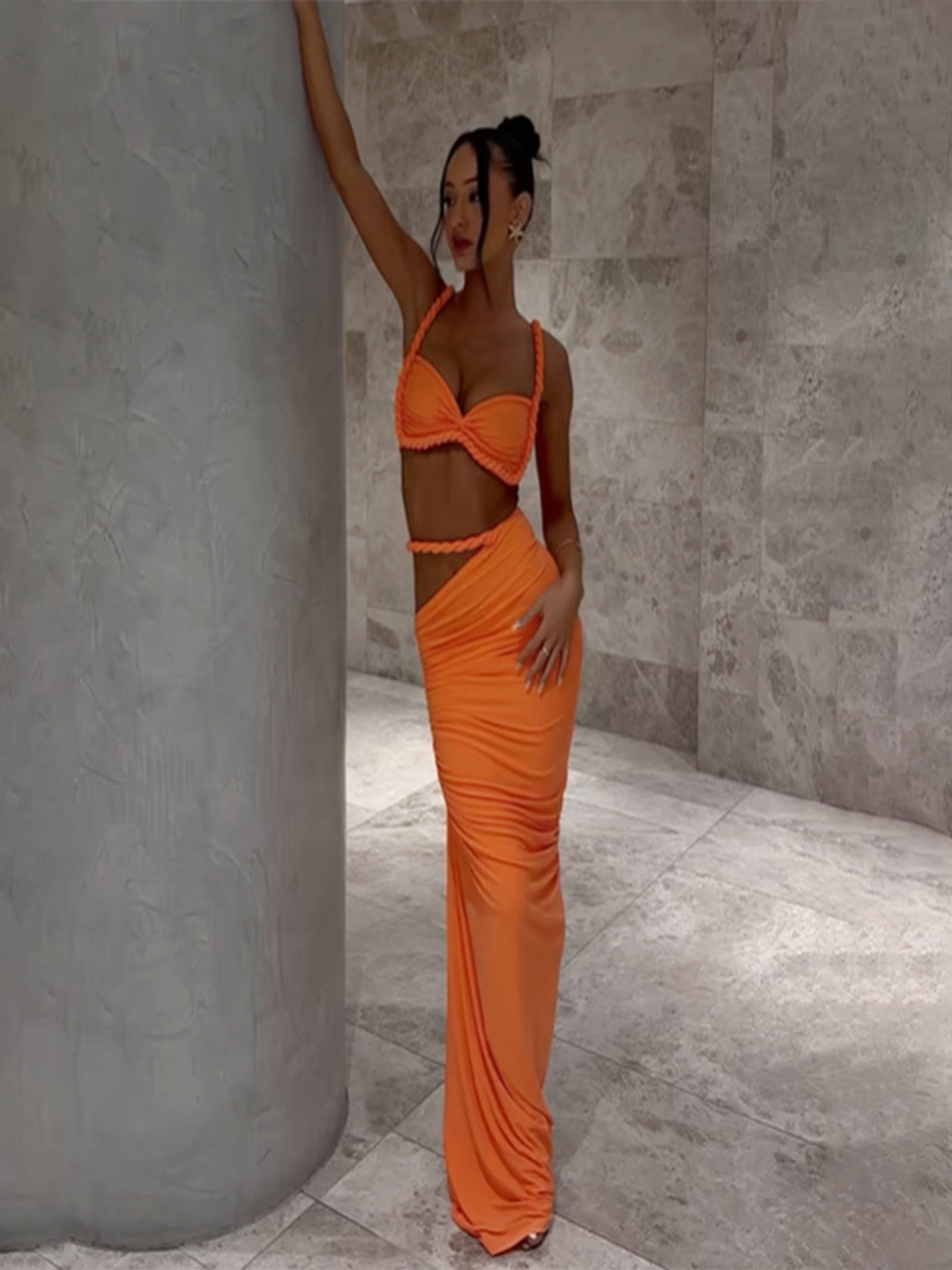 

MIAKEE Crop Top & Maxi Skirt Co-Ord Set, Orange