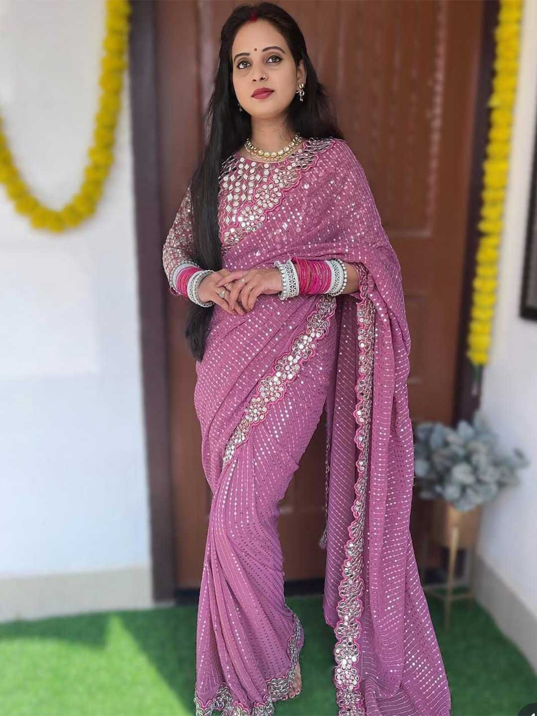 

MANSUBHA Embellished Mirror Work Pure Georgette Banarasi Saree, Pink