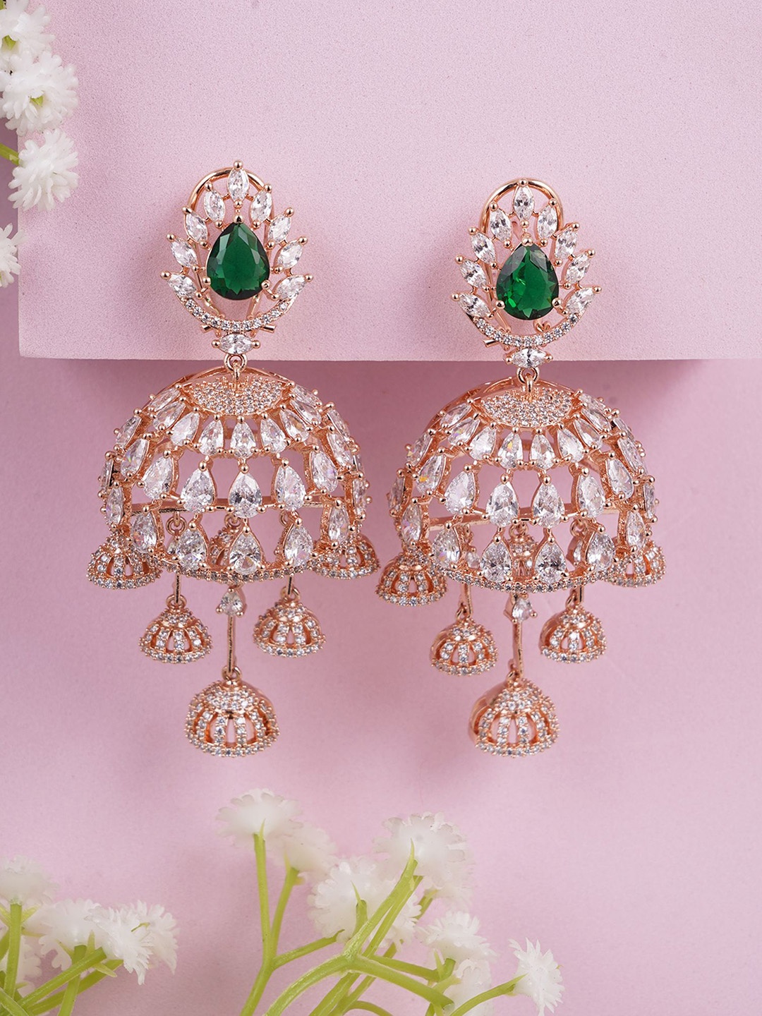 

Adwitiya Collection Rose Gold-Plated CZ Stone Studded Dome Shaped Jhumkas