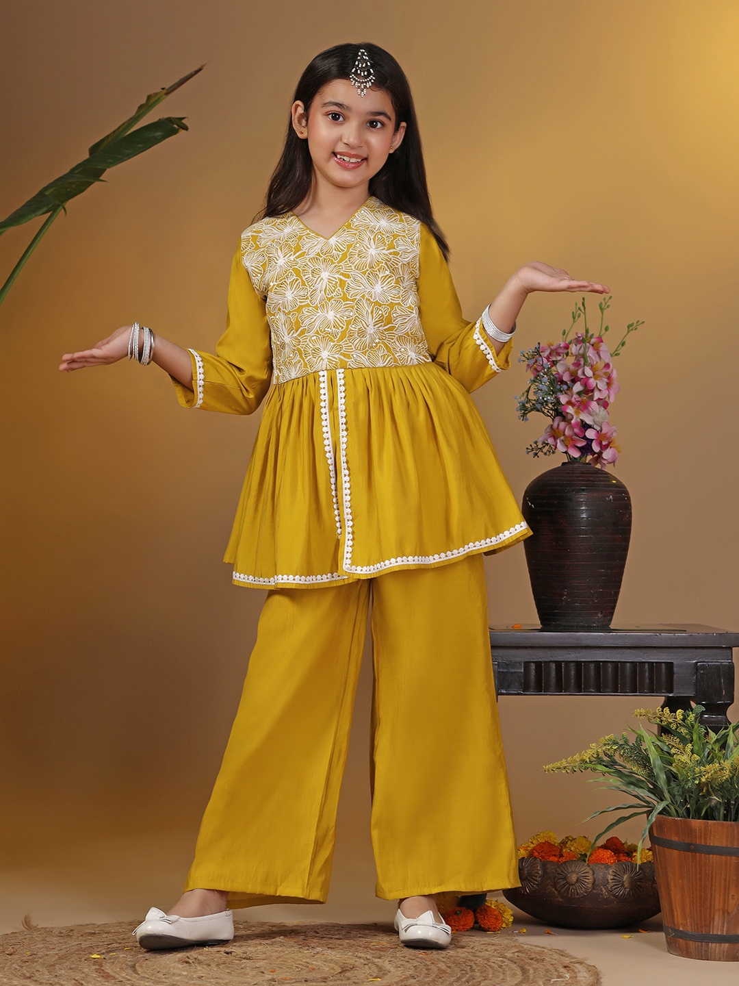 

Sangria Mustard Girls Floral Embroidered V-Neck Thread Work Anarkali Kurti With Palazzo