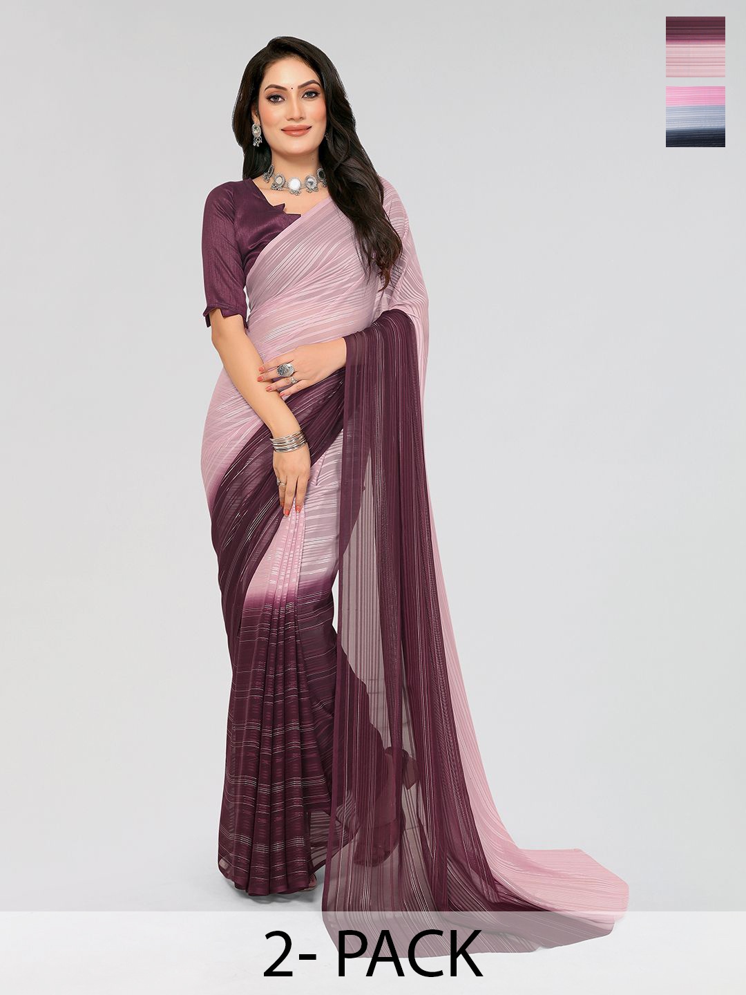 

Moda Rapido Set of 2 Striped Satin Saree, Pink