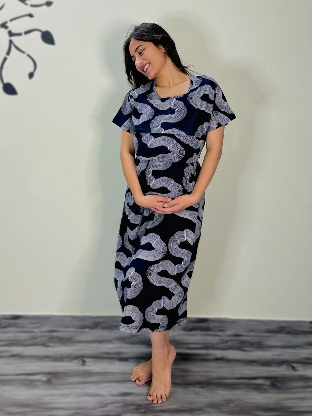 

SWEET MOON Printed Nightdress, Navy blue
