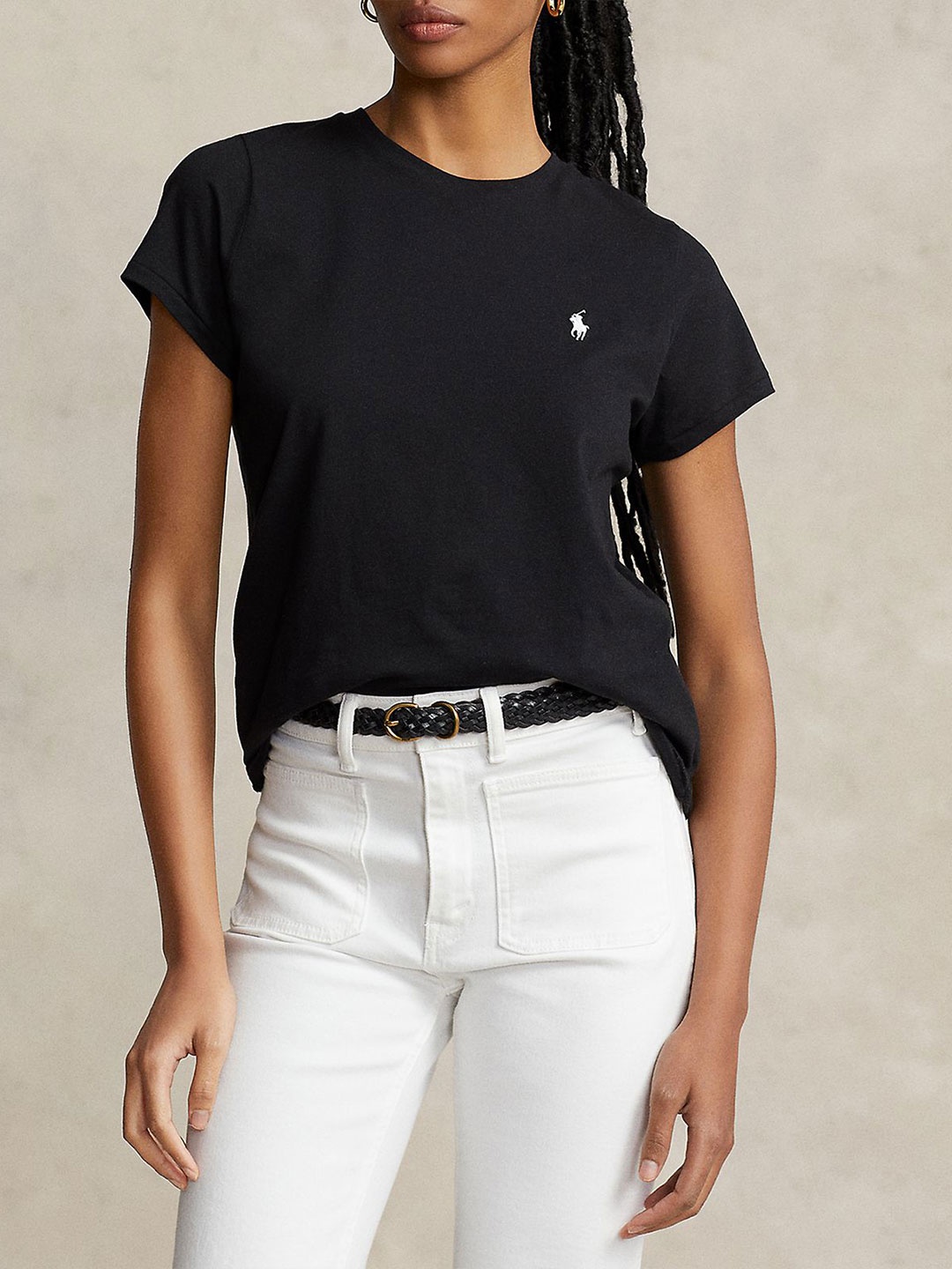 

Polo Ralph Lauren Women Solid Round Neck Cotton Slim Fit T-shirt, Black