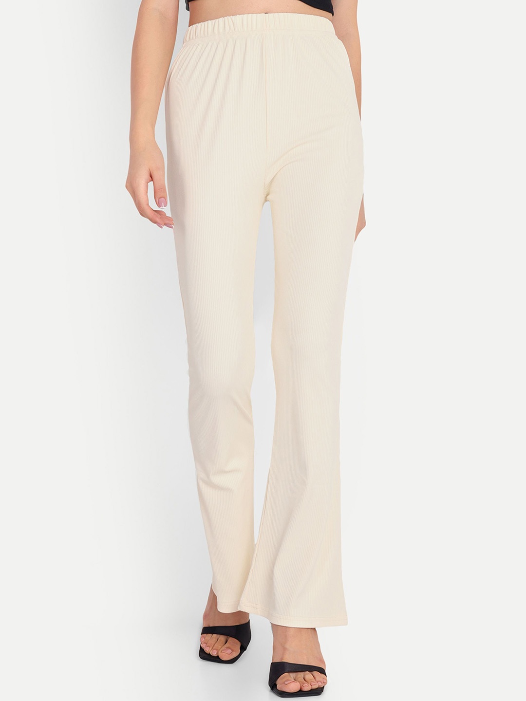 

FNOCKS Women Striped Classic Loose Fit High-Rise Trousers, Cream