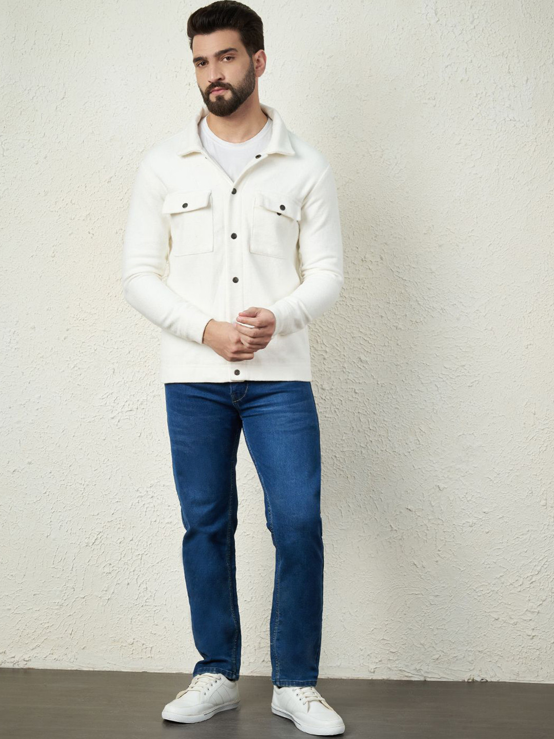 

Bigreams Cotton Flannel Regural Fit Shacket with Two Patch Pocket, White