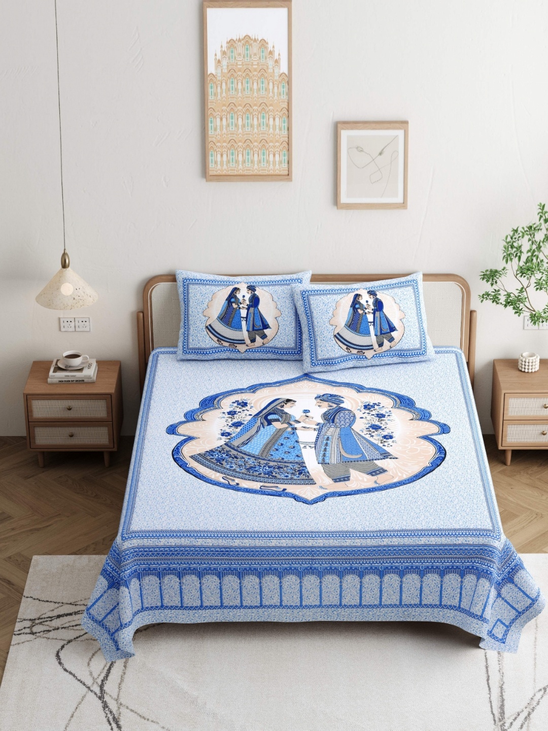 

JAIPUR PRIME Magnet Blue Printed Pure Cotton 180TC King Bedsheet Set 2.74m x 2.54m