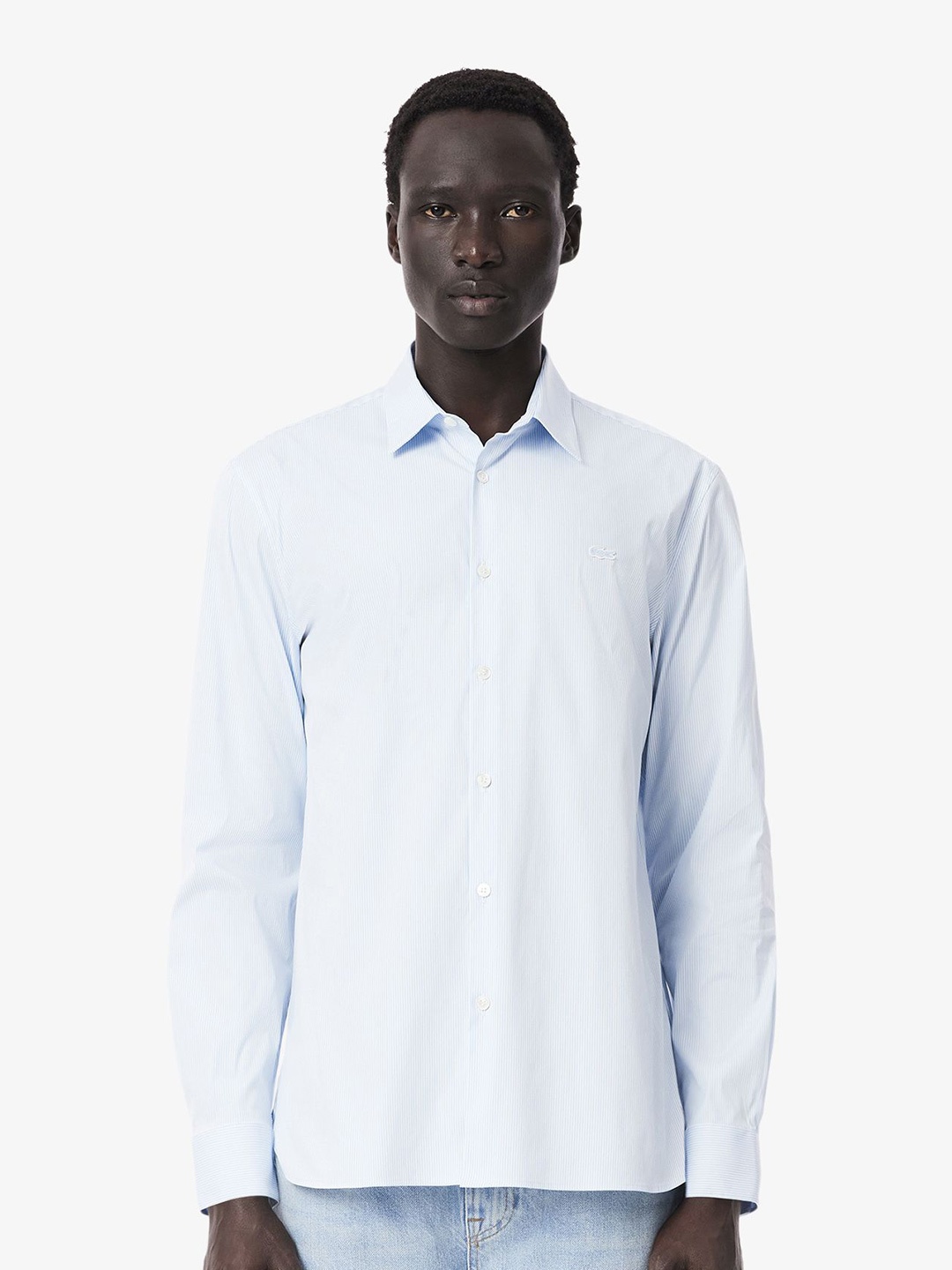 

Lacoste Men Slim Fit Spread Collar Vertical Striped Cotton Casual Shirt, Blue