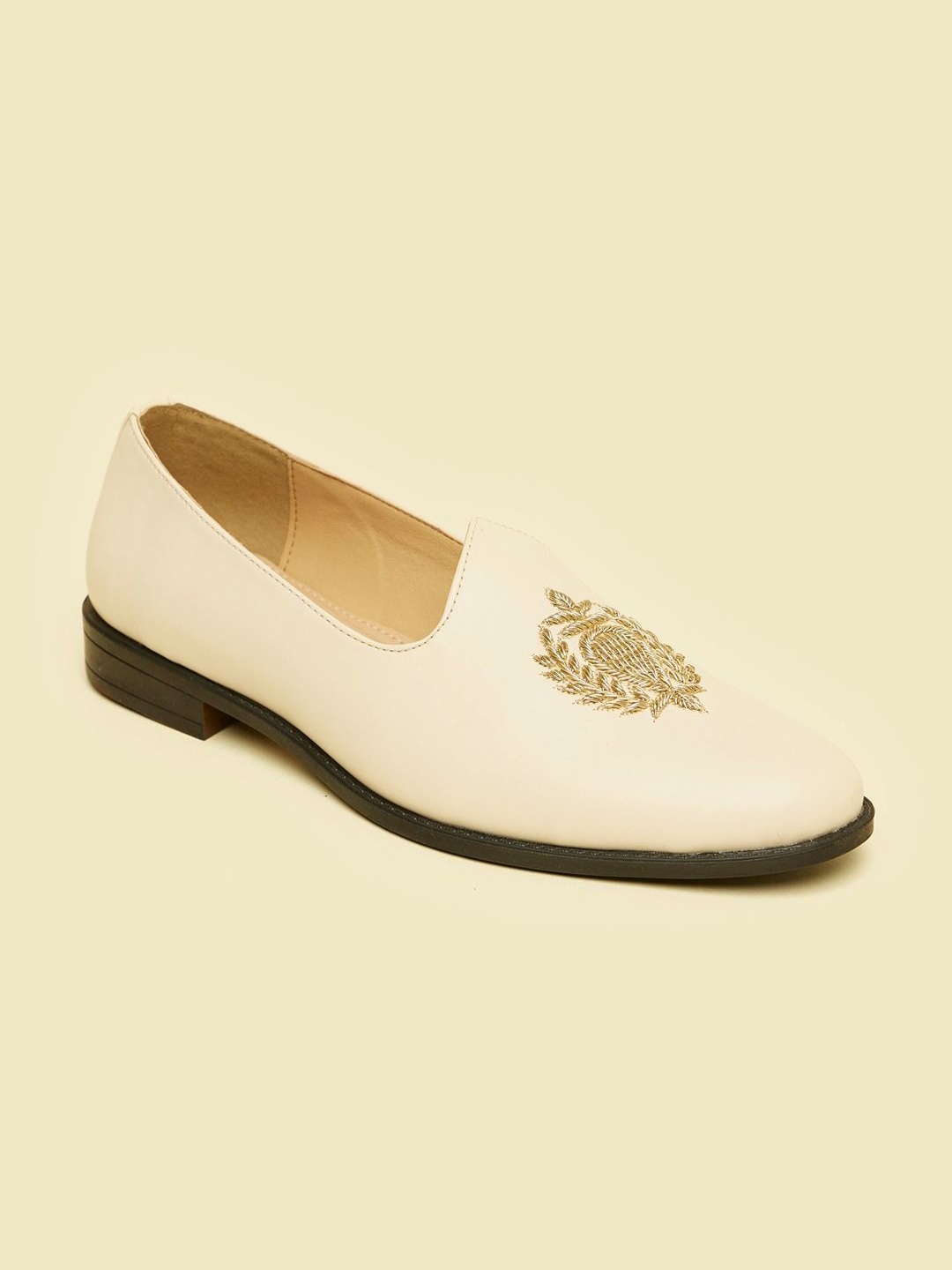 

Manyavar Men Self Embroidered Loafers Style Shoes Mojaris, Cream