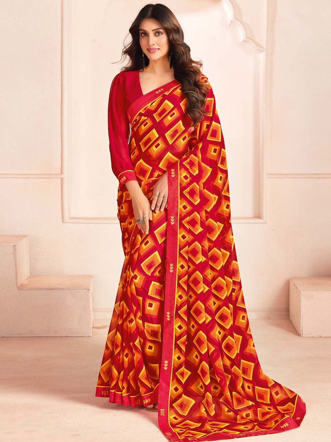 

House Of Pataudi Printed Saree With Blouse, Red