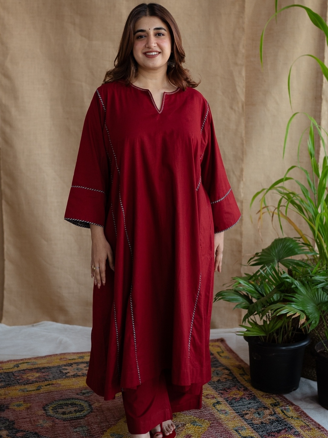 

THE INDIAN ETHNIC CO Maroon Pure Cotton Jhabba Kali Tunic & Palazzos Co-Ord Set