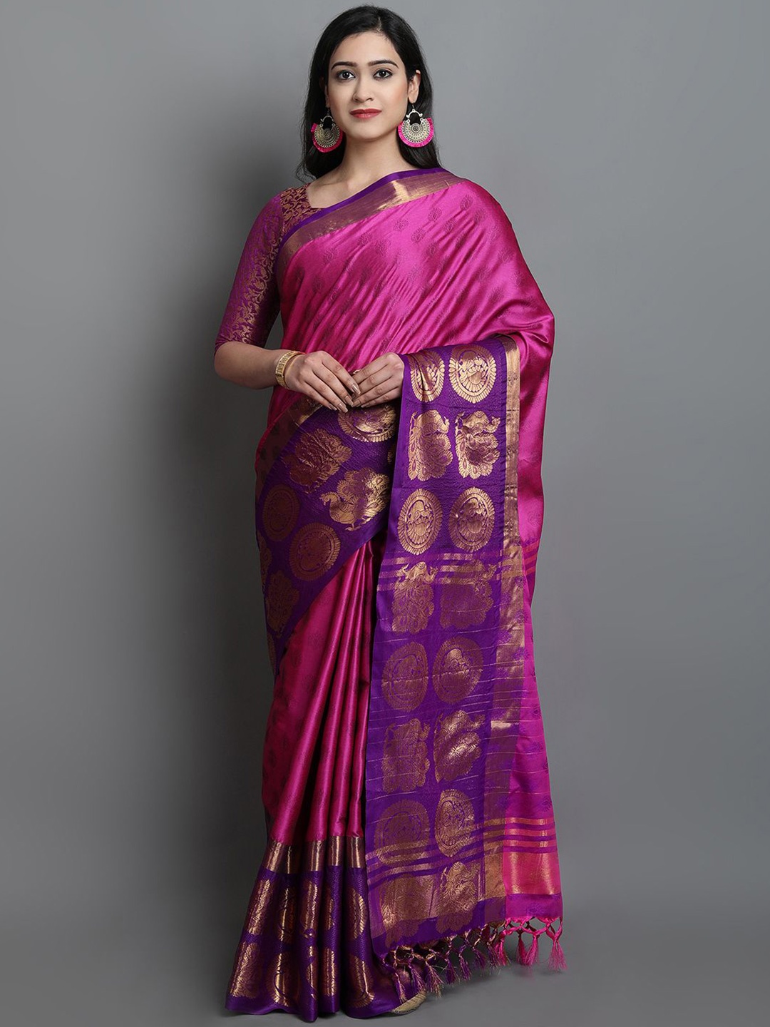 

DIVASTRI Ethnic Motifs Embellished Zari Silk Cotton Mysore Silk Saree, Pink