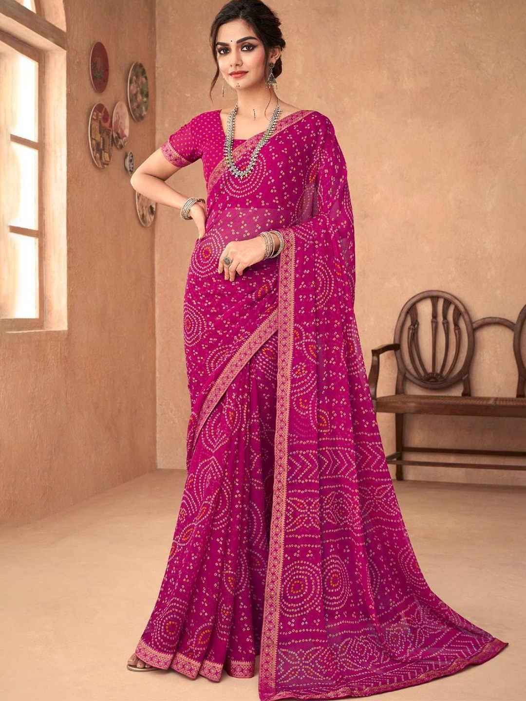 

DURGA EMPORIO Pure Chiffon Bandhani Saree, Pink