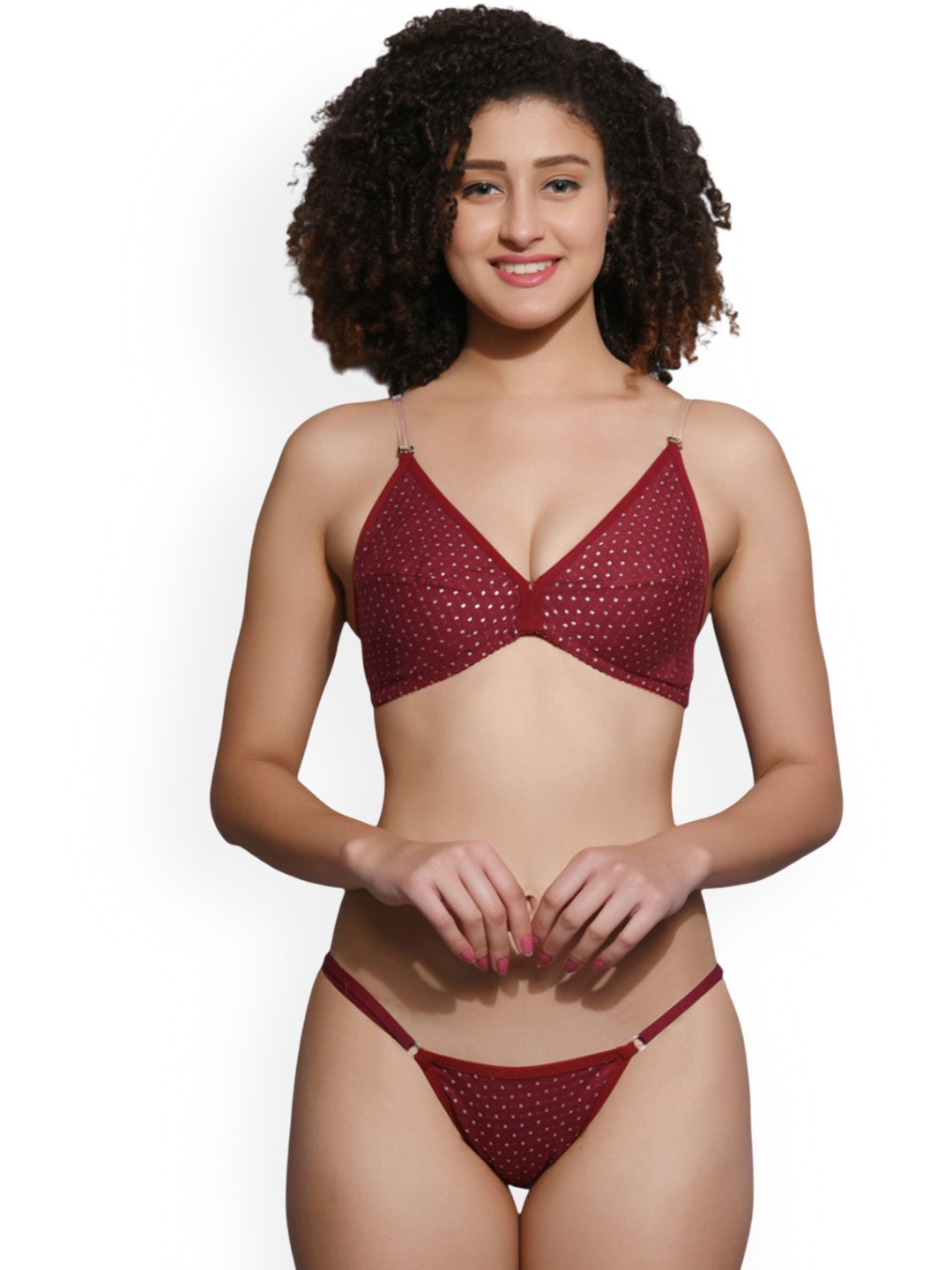 

Fihana Women Printed Cotton Shoulder Straps Lingerie Set, Maroon