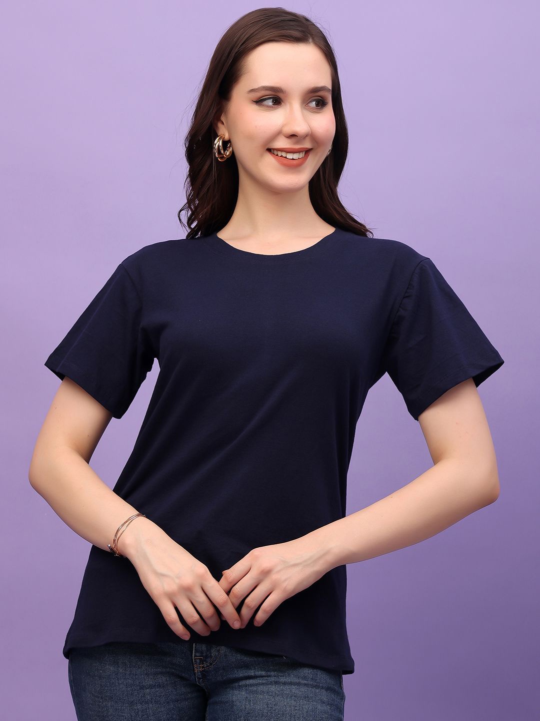 

Moda Rapido Women Solid Round Neck Pure Cotton T-shirt, Navy blue